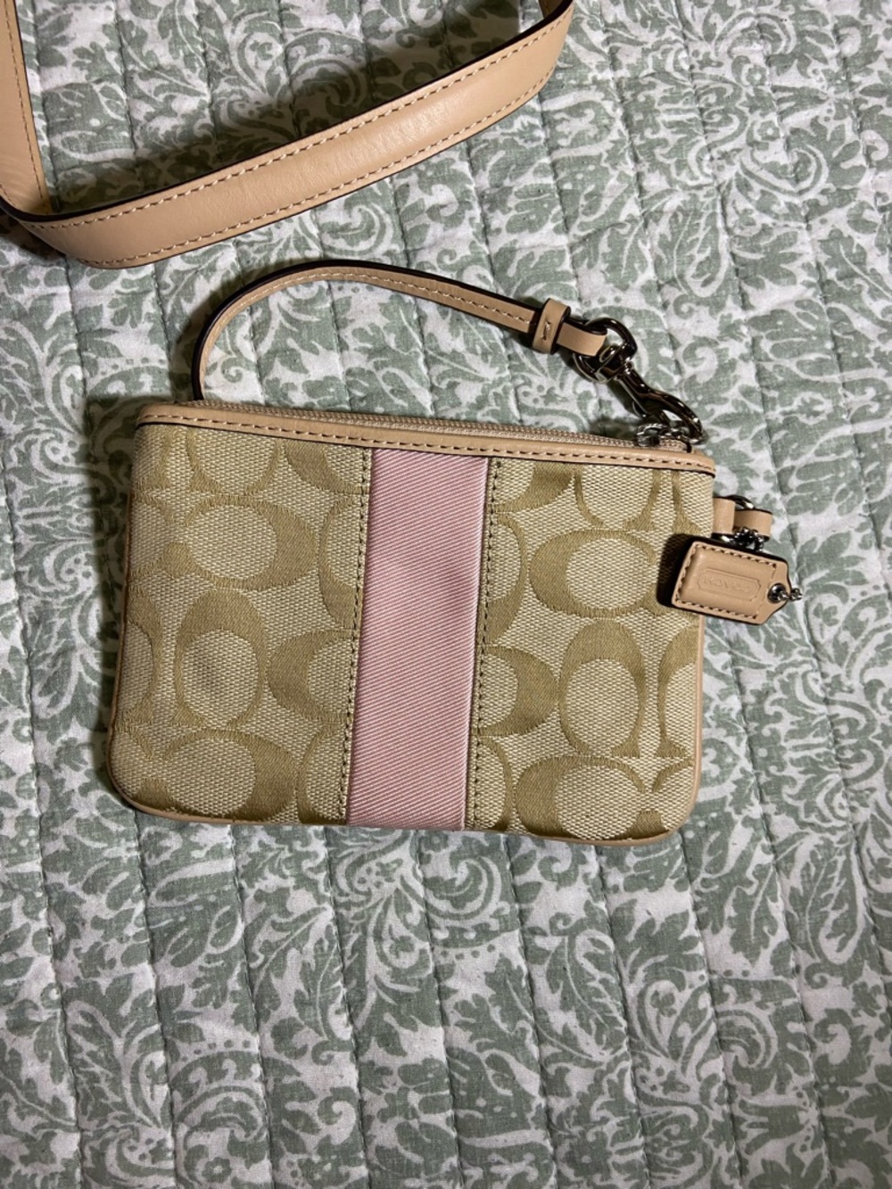 Coach Beige Signature Canvas Tote with Pink Center Stripe and Wristlet - Picture 7 of 7